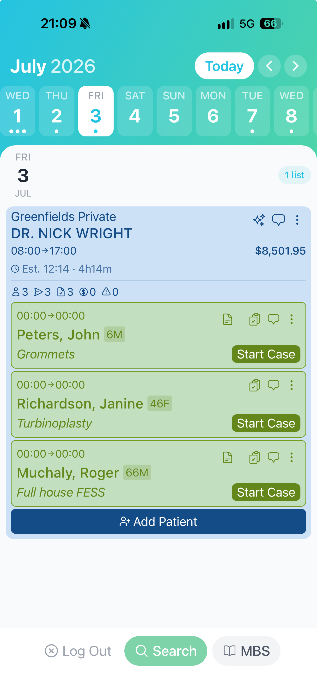 Billumbra mobile app showing the October calendar, theatre list and case controls